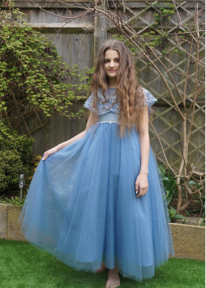 Blue Lace Tulle Beaded Flower Girl Dress